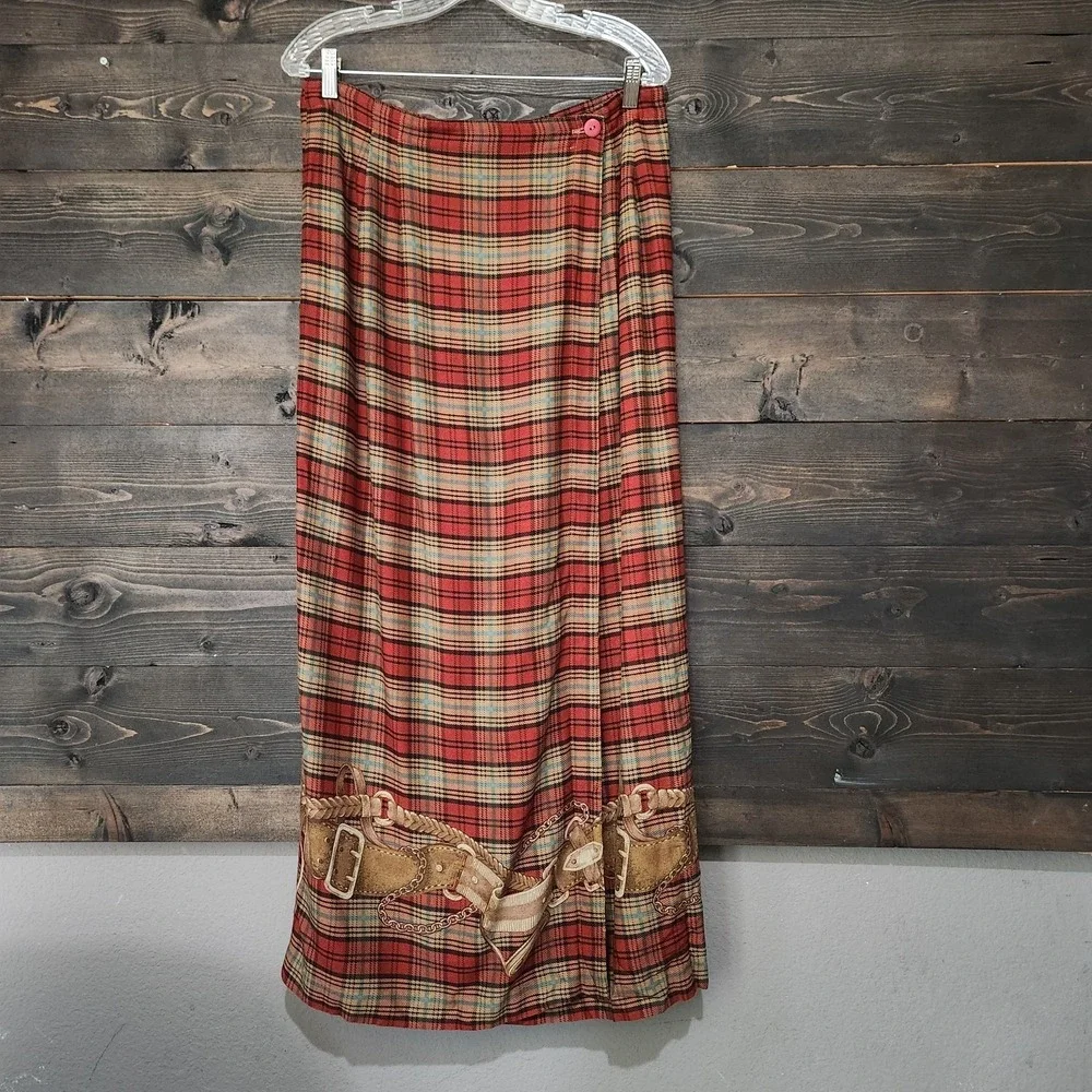 Vtg Stonebridge 1990s Plaid Belting Equestrian Academia Wrap Maxi Skirt sz 14